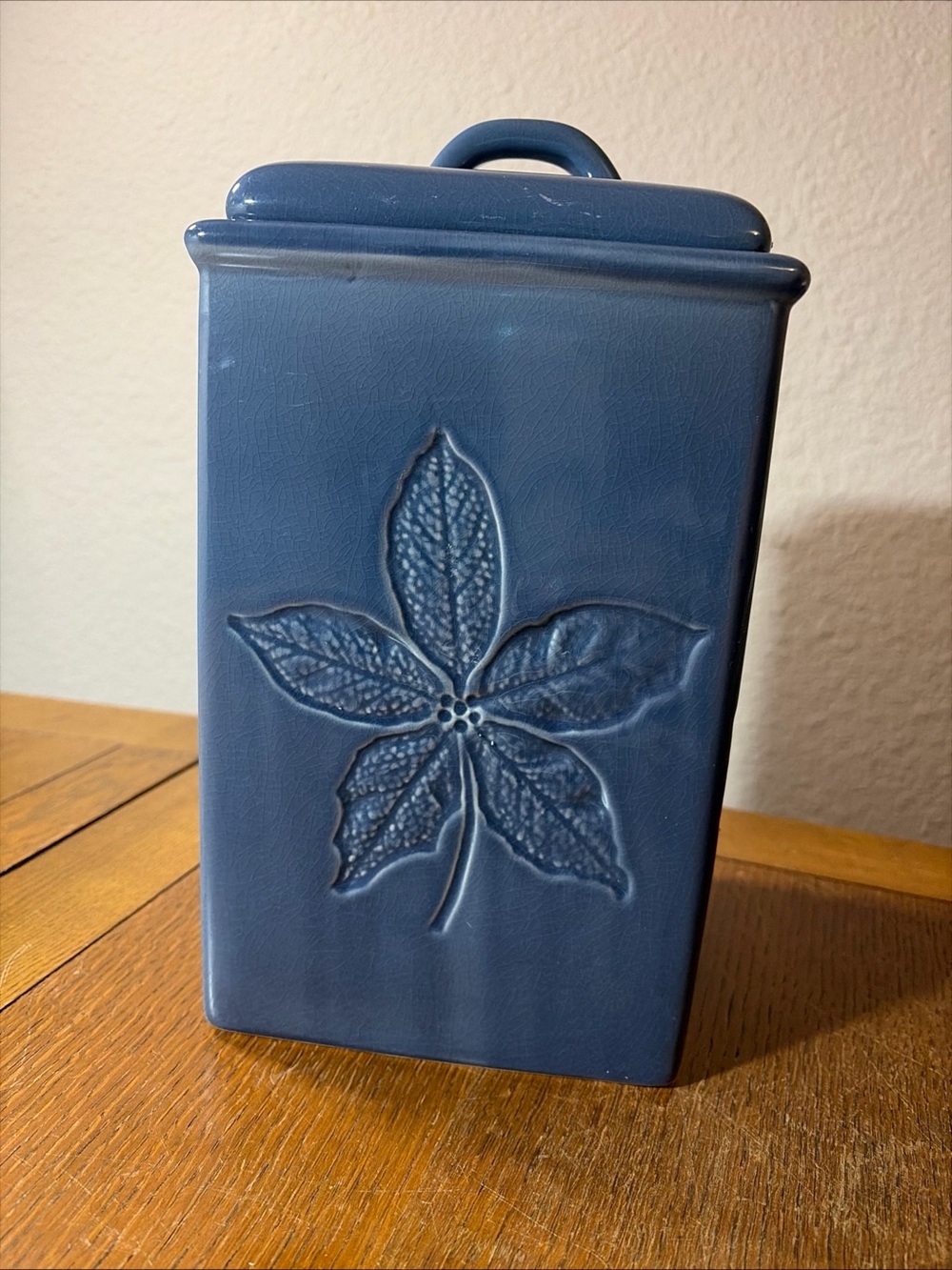 Vintage Lillian Vernon Kitchen Canister Blue Embossed Leaf Ceramic 11”